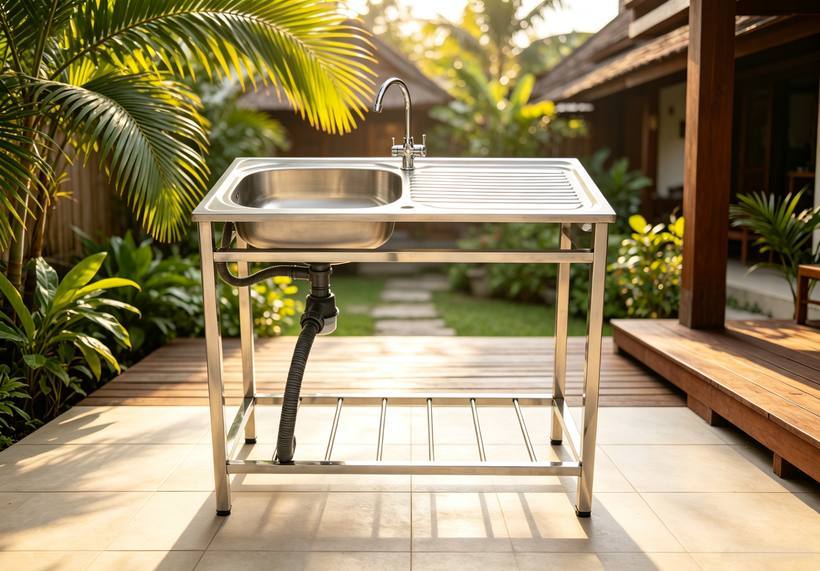 Stainless steel single sink with drainboard on an outdoor washing stand