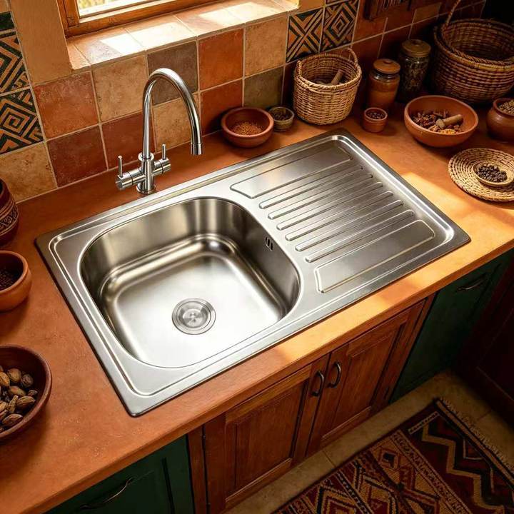 Single bowl kitchen sink with drainboard in an African terracotta kitchen