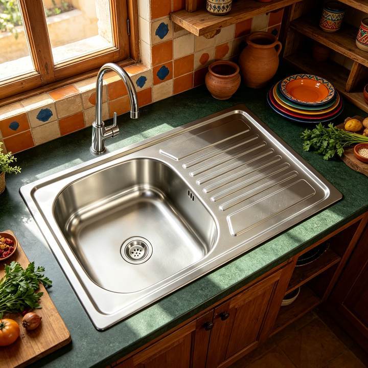 Single basin sink with drainboard in a South American painted-tile kitchen
