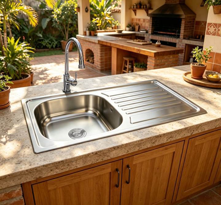 Single basin kitchen sink with drainboard in a covered outdoor kitchen