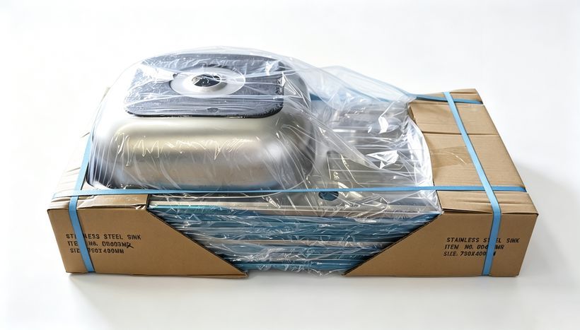 Single sink with drainboard packed in a carton with blue strapping