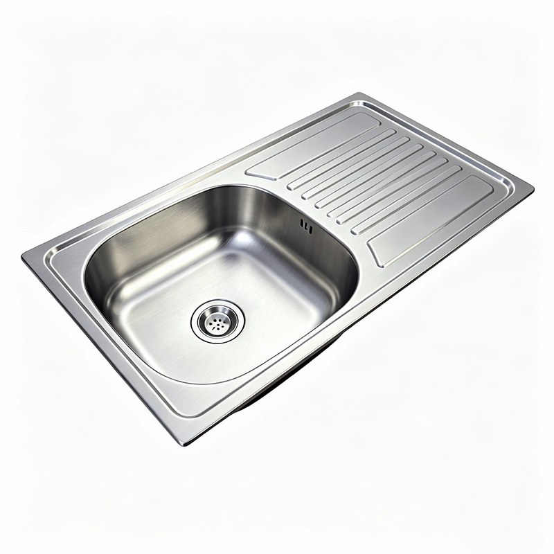 Side profile of the 750 mm stainless steel single sink with drainboard showing bowl depth and rolled rim