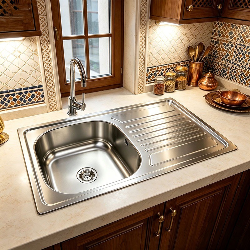 DD403 top mount sink with drainboard set into a tiled worktop in a compact galley kitchen