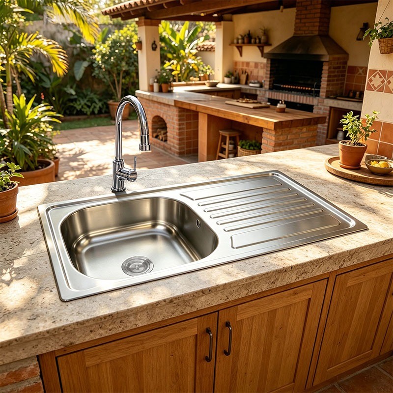 Stainless steel single sink with drainboard under a pergola in a covered outdoor kitchen