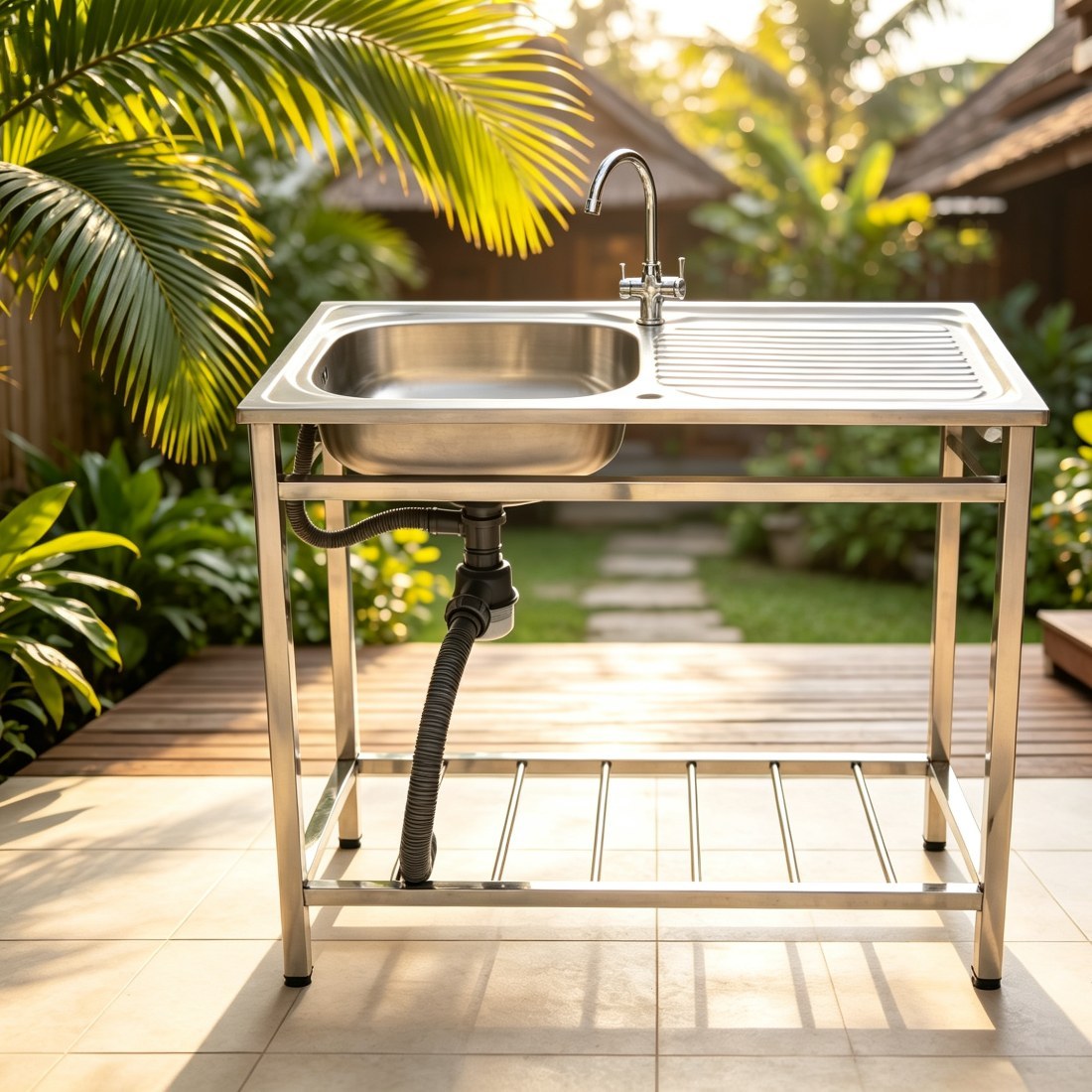 DD403 stainless steel drainboard sink in a warm-toned kitchen wash-up area