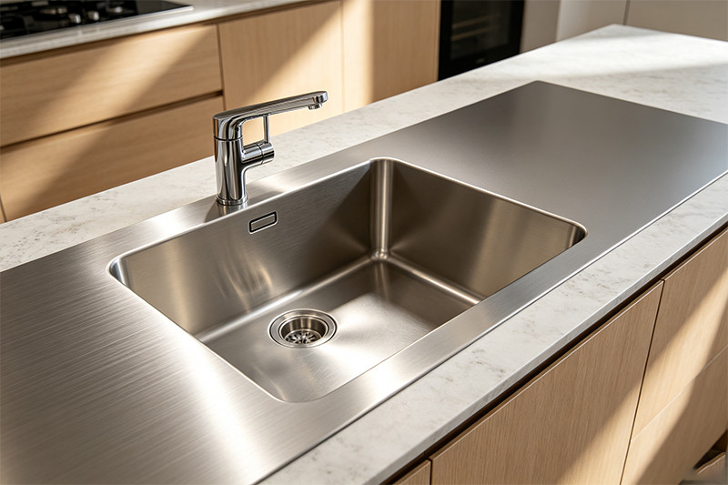 A modern custom stainless steel kitchen sink with an integrated drainboard