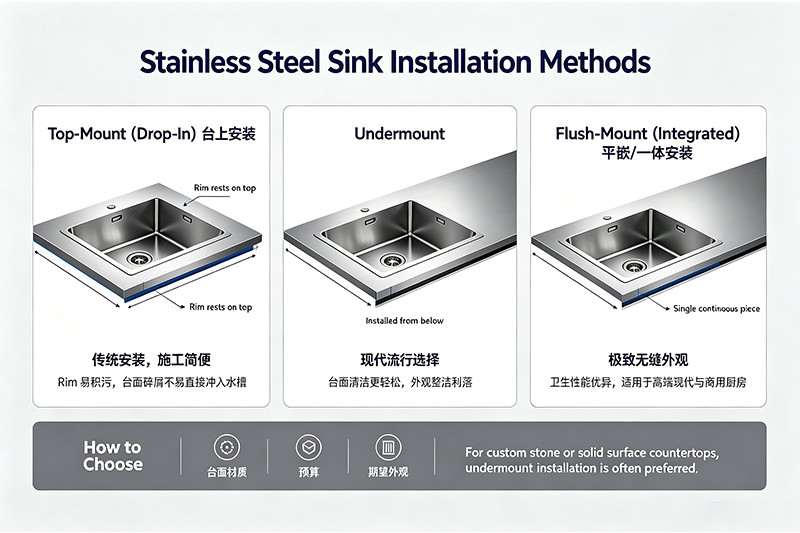 A diagram showing undermount, top-mount, and flush-mount sink installation styles