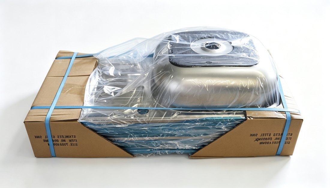 Six stainless steel sinks bundled in tissue paper with edge protection and strapped inside a carton