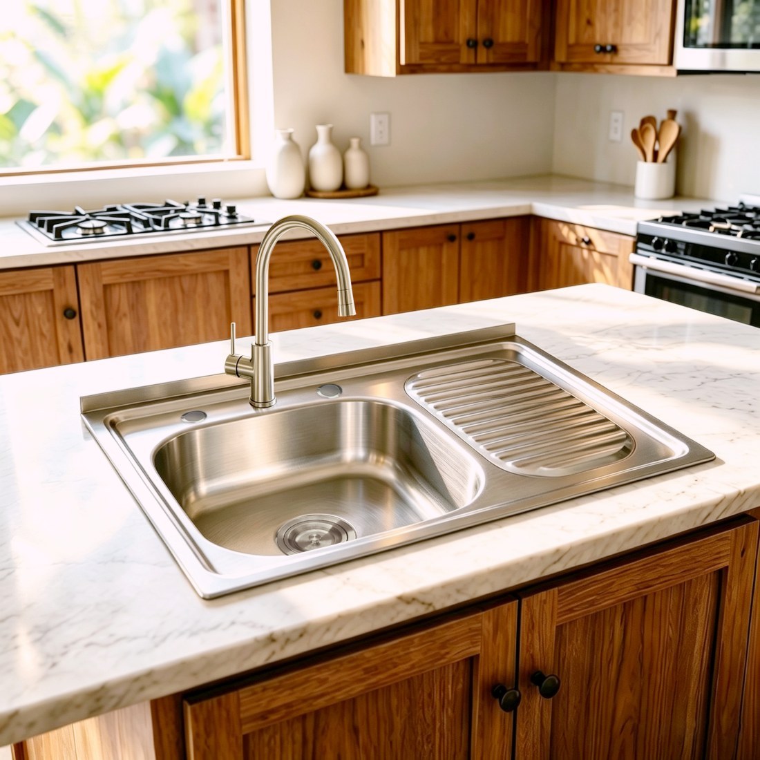 Drop-in stainless steel sink with drainboard installed in a bright kitchen island countertop