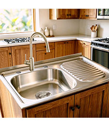 Drop-in drainboard sink set into a marble island countertop in a bright modern kitchen