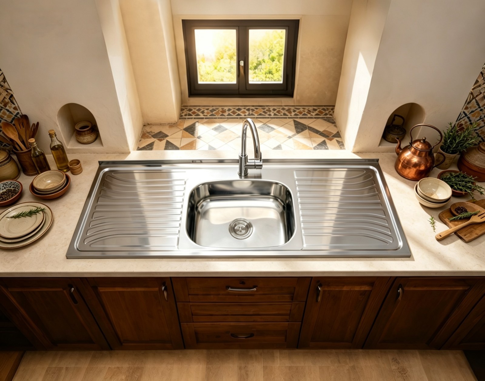 Single bowl stainless steel sink with a drainboard on each side, installed in a warm-toned kitchen countertop