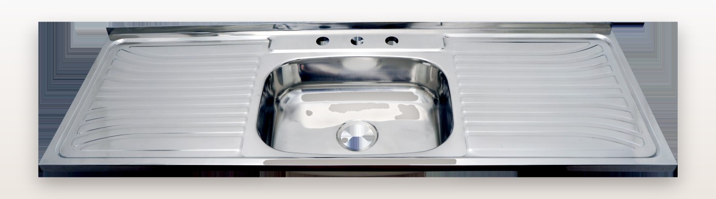 Full length view of the one-piece deep drawn single bowl stainless steel sink with a drainboard at each end