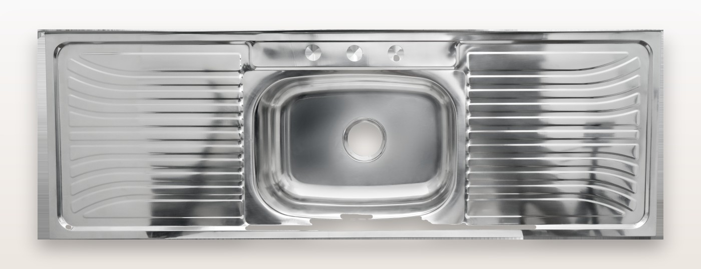 Three pre-drilled faucet holes on the rear deck of the single bowl stainless steel sink with drainboard