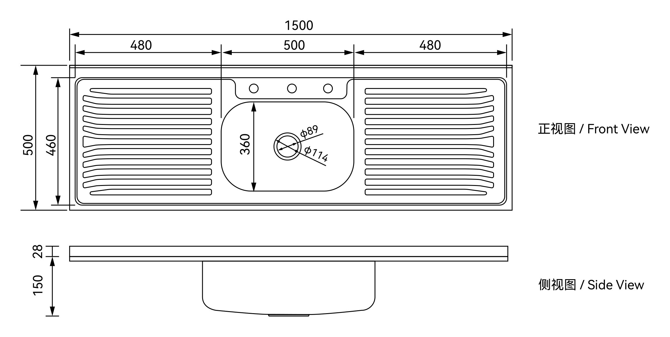 Front view and side view production drawing of the DD1100C-2 stainless steel sink with double drainboard