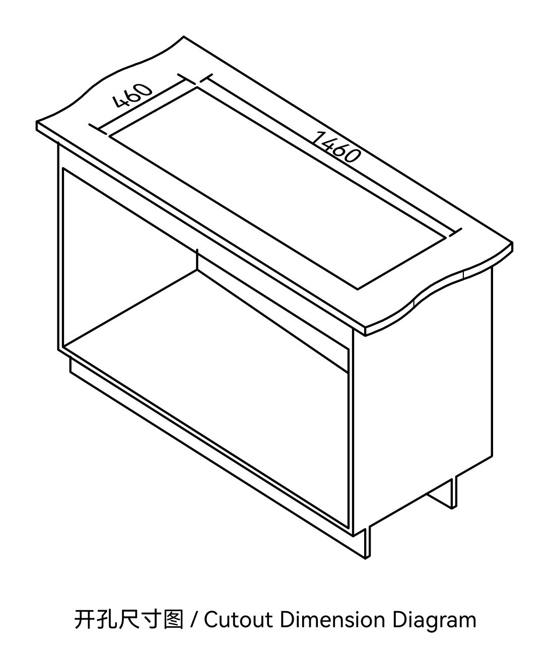 Countertop cutout dimension diagram showing a 1460 by 460 mm opening for the drop-in sink with double drainboard