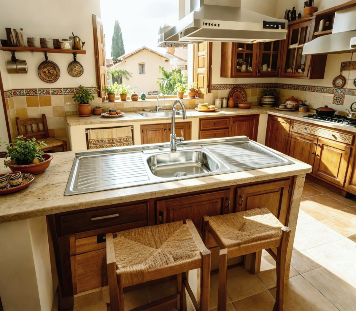 Stainless steel sink with a drainboard at each side set into a stone countertop in a family kitchen