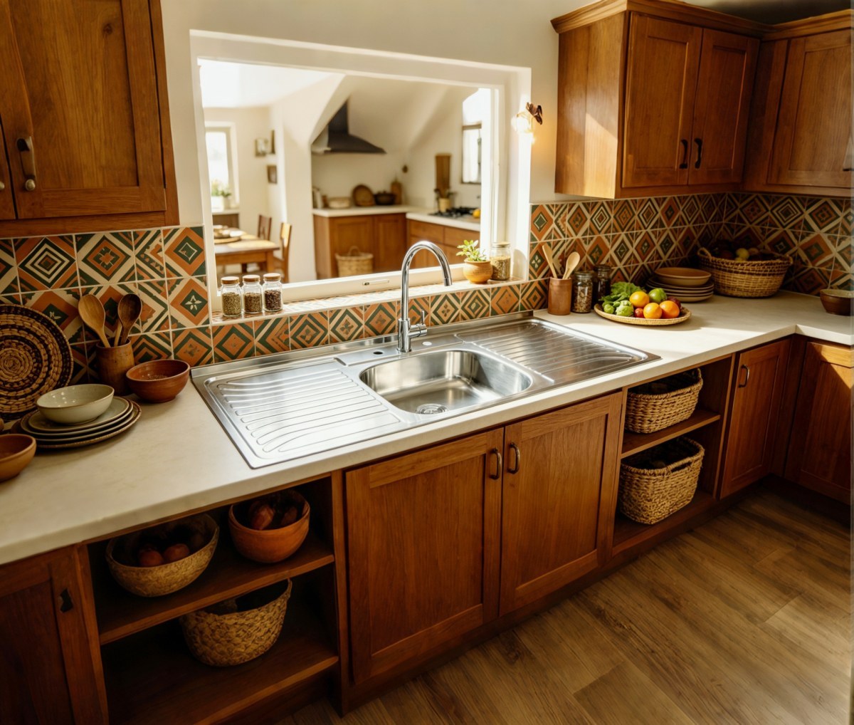 Single bowl stainless steel sink with double drainboard in a compact everyday washing area
