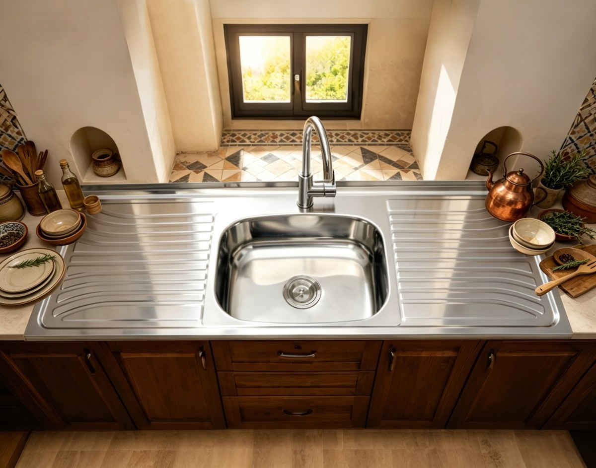 Long single bowl sink with drainboards installed along a straight countertop run