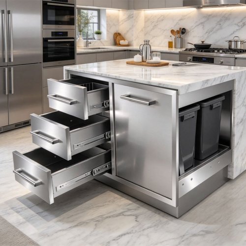 Outdoor Kitchen Trash Drawer Combo – 304 Stainless Steel BBQ Access & Waste Drawer Cabinet for Grill Islands