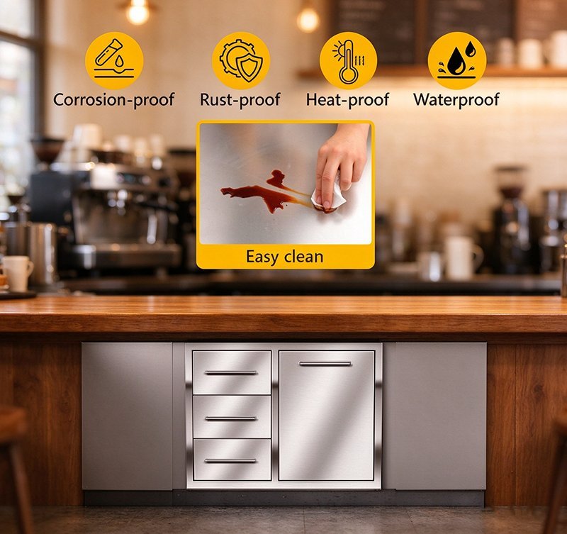Outdoor kitchen drawer combo under a commercial coffee counter