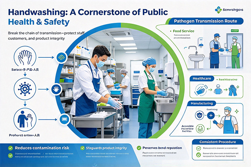 A worker washing their hands in a stainless steel industrial hand wash sink.
