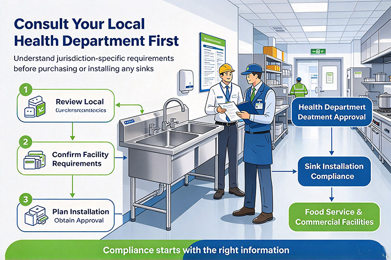 A health inspector examining a commercial kitchen's hand wash station.