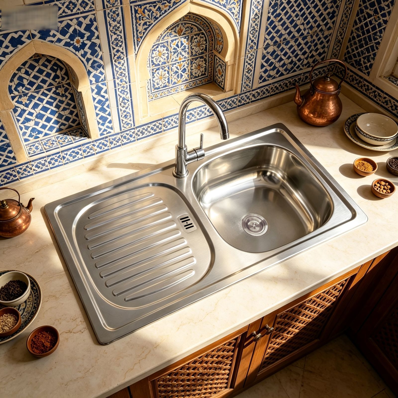 DD8643 single bowl top-mount stainless steel kitchen sink with integrated drainboard installed in a working kitchen countertop