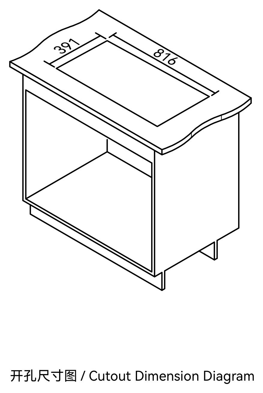 Cutout dimension diagram for the DD8643 top-mount sink showing the 816 by 391 mm opening