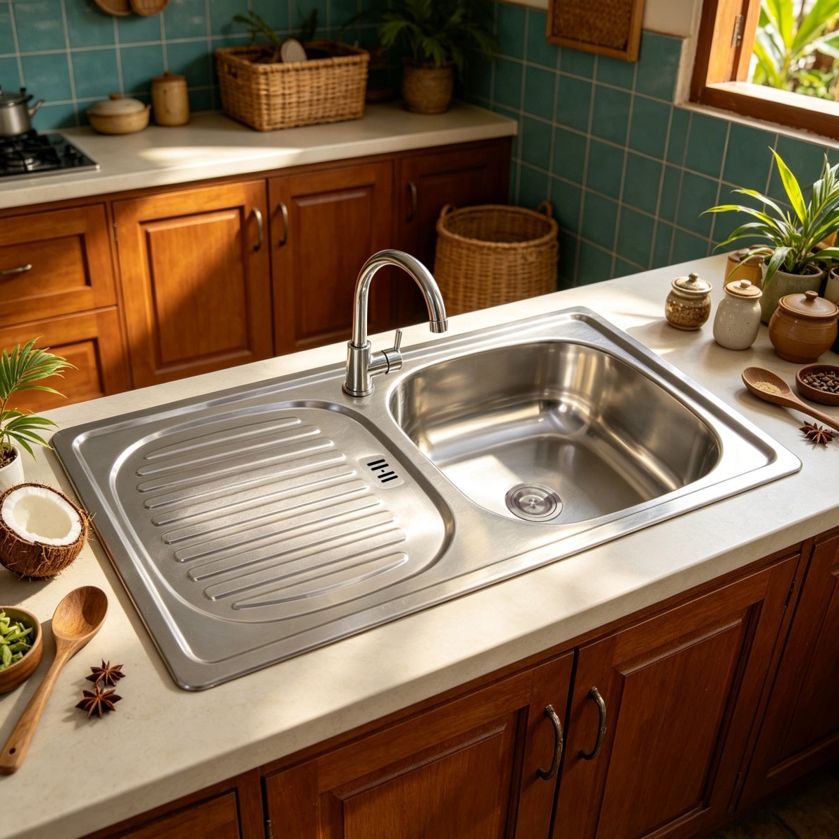 DD8643 stainless steel sink with drainboard installed in a compact family kitchen