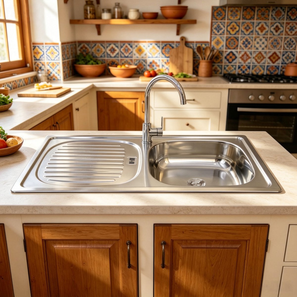 DD8643 top-mount stainless steel sink with drainboard used as a daily prep and washing station