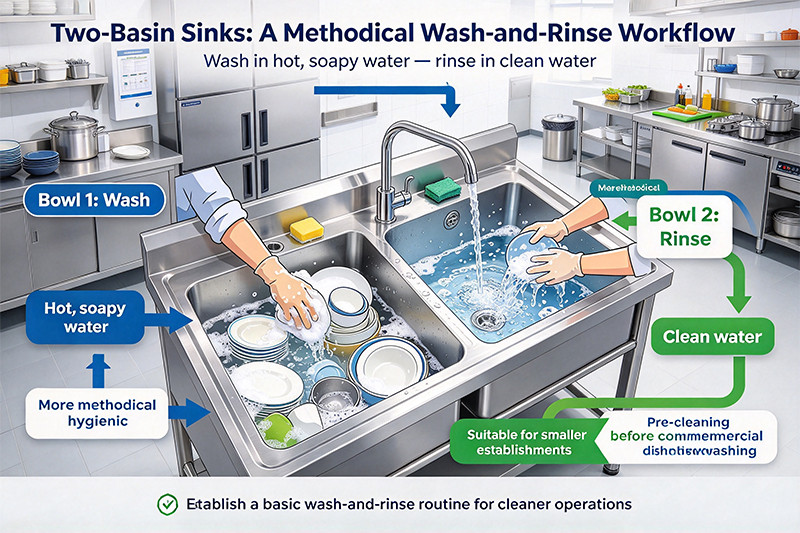 A stainless steel two compartment sink used for washing vegetables in one basin and rinsing in the other.