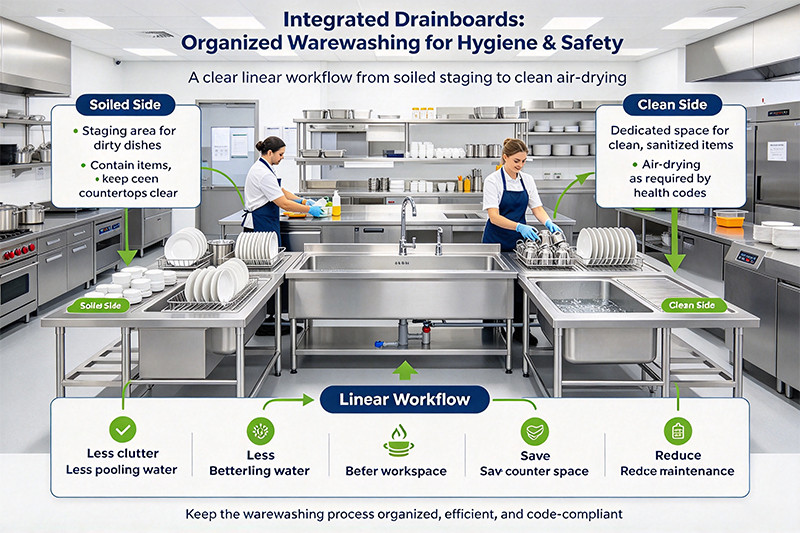 A large three-compartment sink with integrated drainboards on both sides in a clean commercial kitchen.