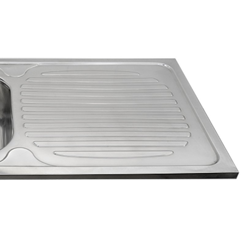 integrated raised drainboard on a stainless steel single bowl sink