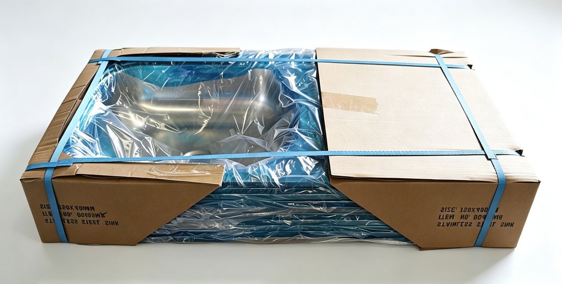 packed single bowl sink with drainboard before container loading