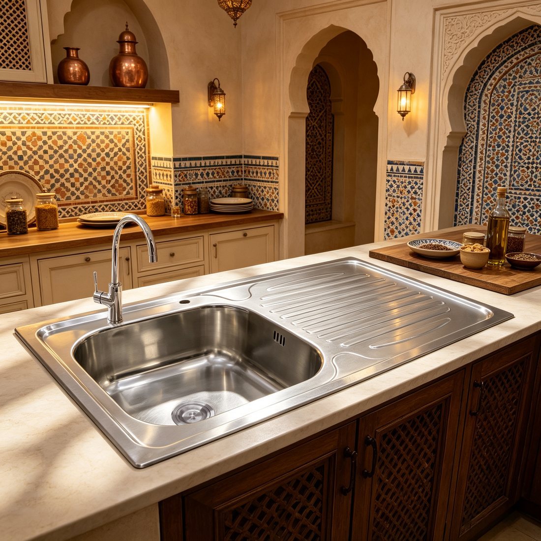 single bowl drainboard sink set into a tiled kitchen counter