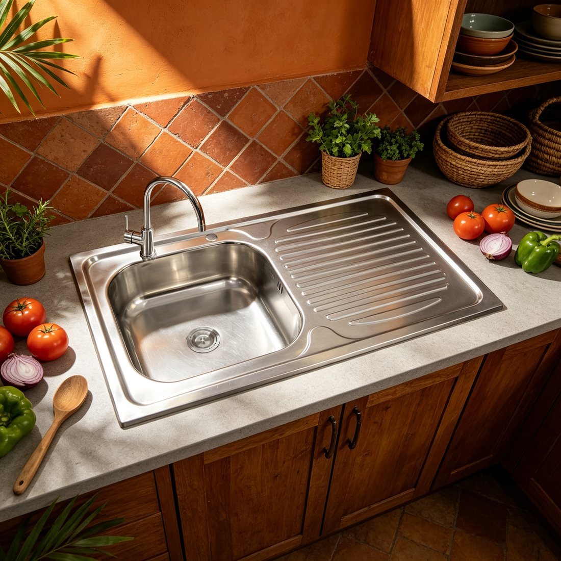single bowl drainboard sink used in a shared wash area