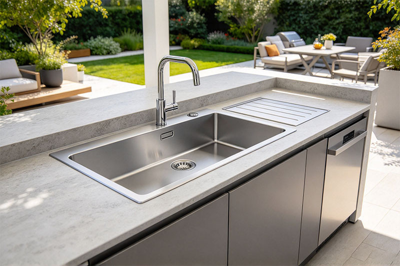 Outdoor kitchen with stainless steel sink A modern outdoor kitchen featuring a gleaming stainless steel sink.