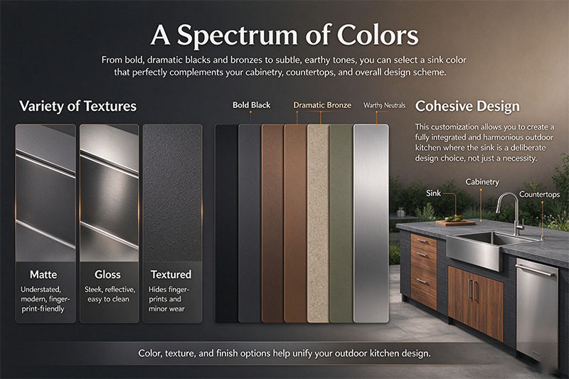 Powder coated outdoor stainless steel sinks A collage showing outdoor stainless steel sinks in various powder-coated colors like black, bronze, and white.