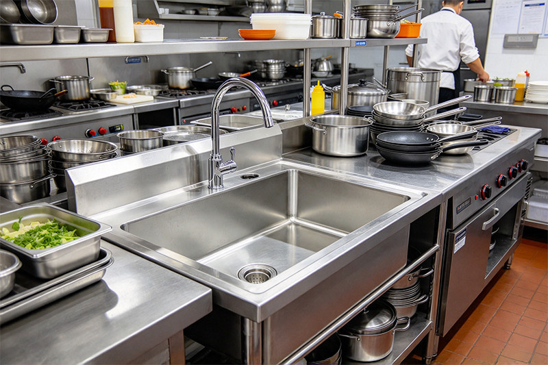 Durable 304 grade stainless steel sink A close-up of a gleaming 304 stainless steel sink corner