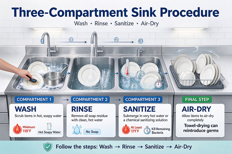 Three-compartment stainless steel sink for restaurants A three-compartment stainless steel sink ready for dishwashing