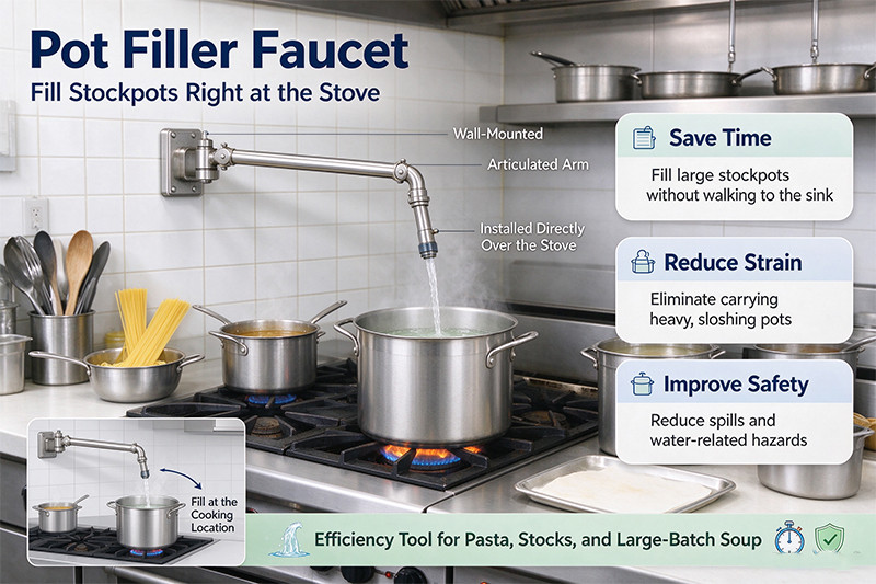Pot filler faucet in a commercial kitchen A chef using a wall-mounted pot filler faucet to fill a large pot on a stove