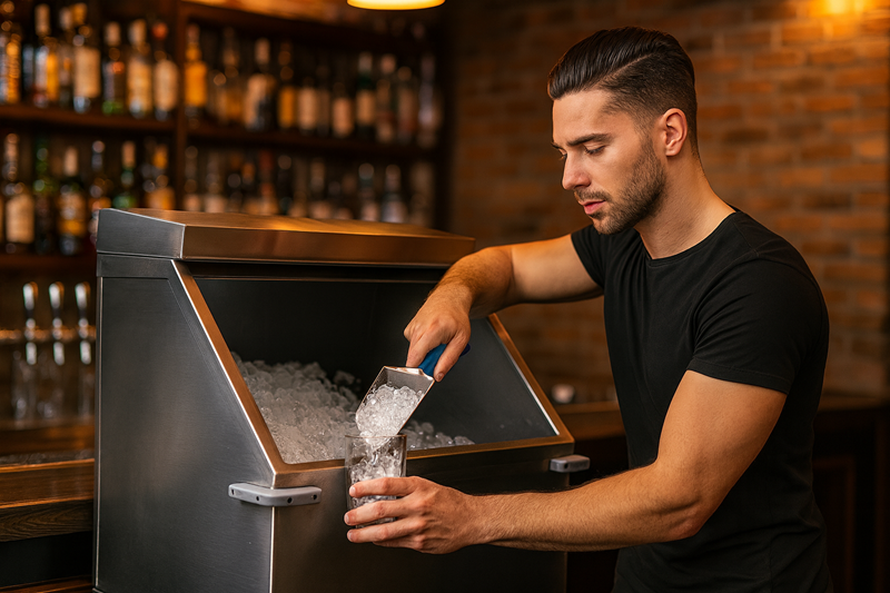 Bartender Using Stainless Steel Ice Storage Bin