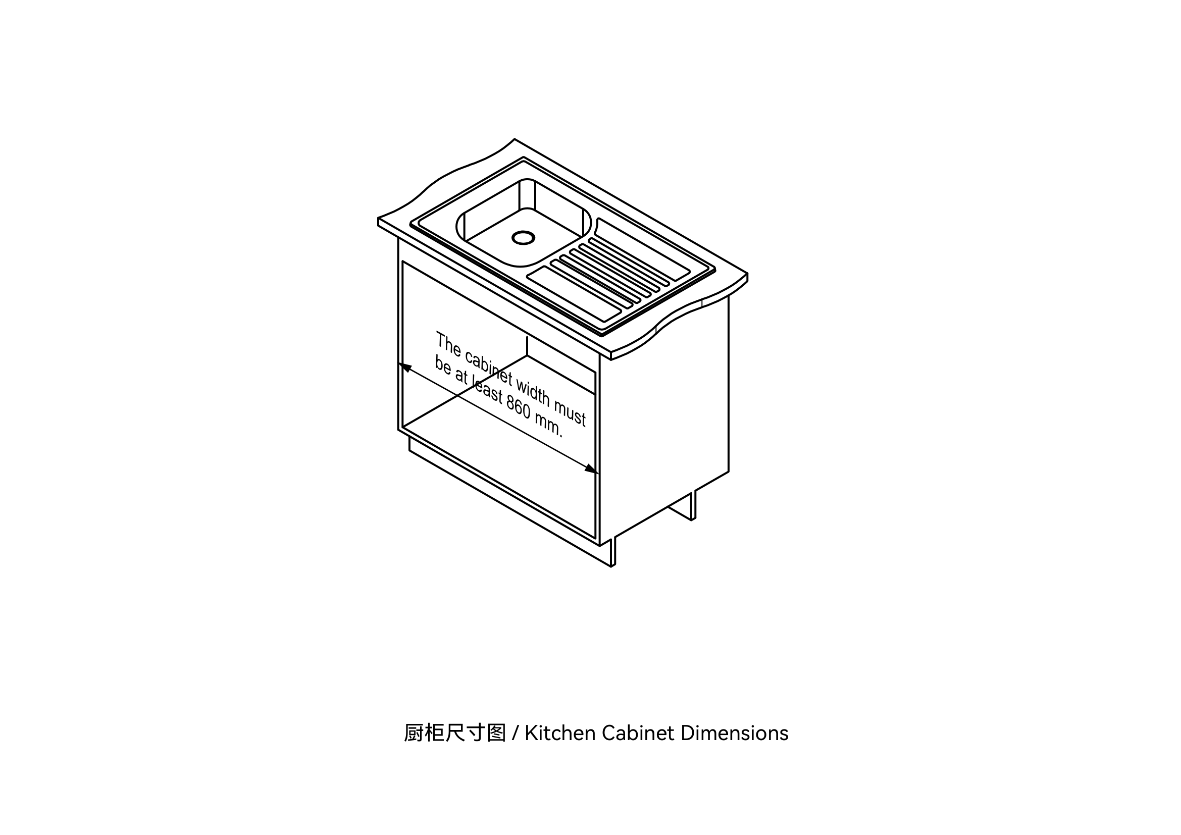 Kitchen cabinet dimension diagram showing the 860 mm minimum cabinet width