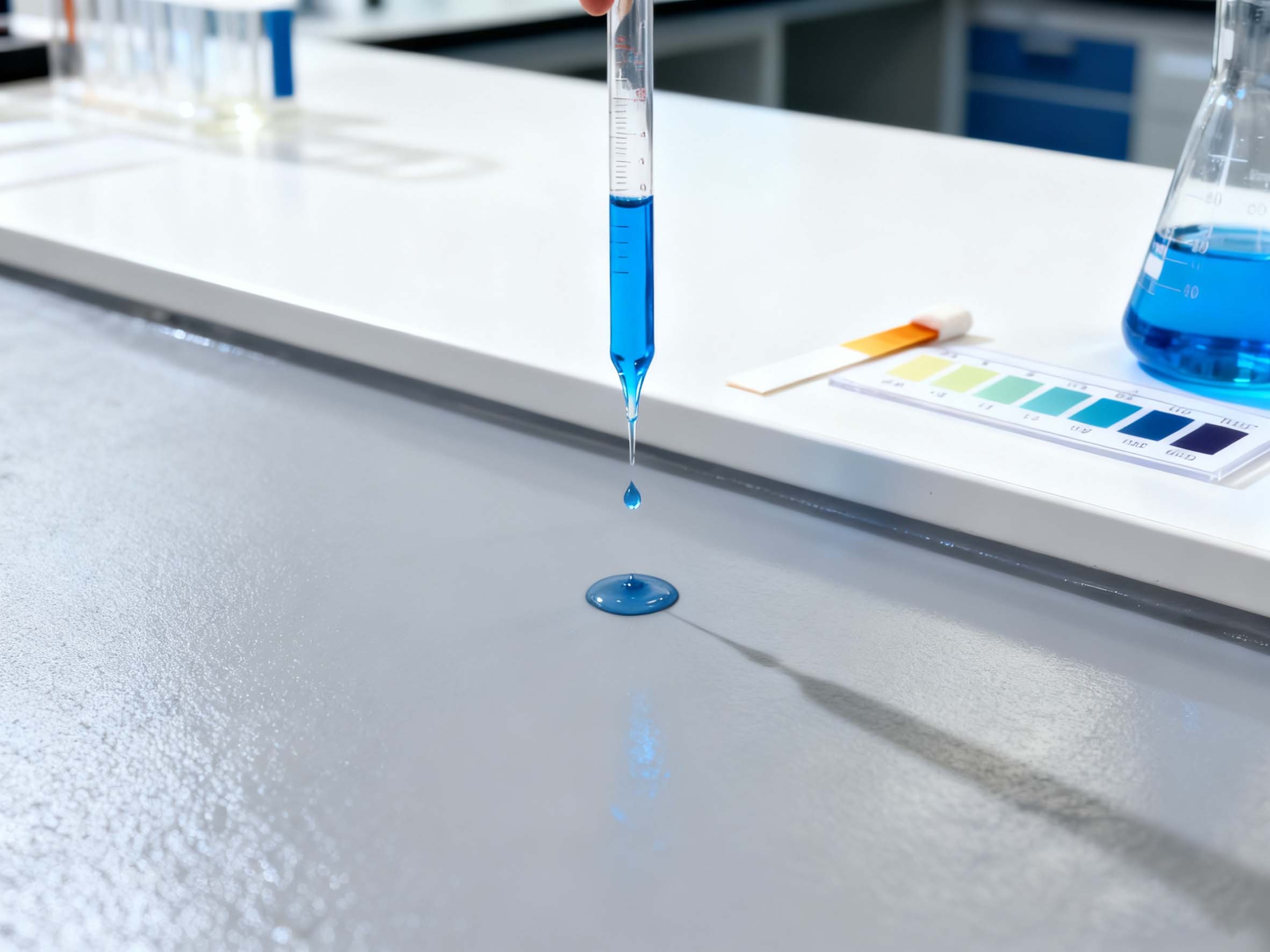 A close-up of a polyurea floor repelling a chemical spill