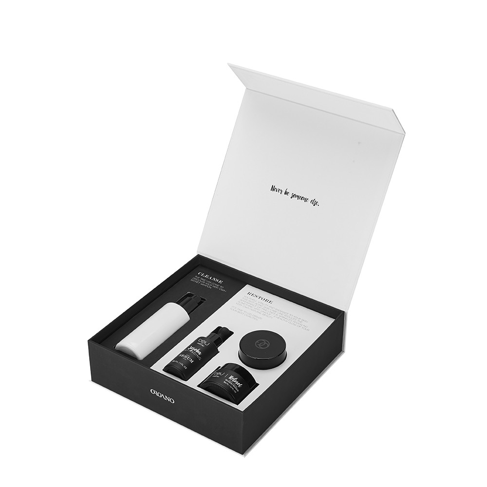 Custom skincare gift box with black fitted insert for beauty products