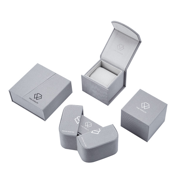 Light Gray Fabric Material Small Jewelry Box | Custom Sliver Foil Stamping Logo