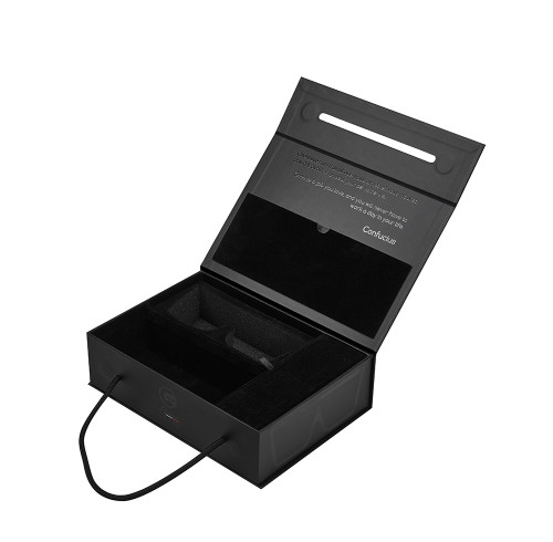 Benutzerdefinierte Sonnenbrillenbox Mattschwarzer Druck | Starres Kartonmaterial mit Nylonseilgriff