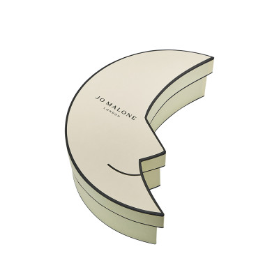 China Perfume Packaging Paper Box Manufacturers | Jo Malone Moon Shaped Lid and Base Box Structure | Black Foil Stamping Logo