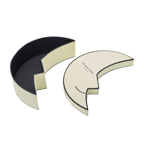 China Perfume Packaging Paper Box Manufacturers | Jo Malone Moon Shaped Lid and Base Box Structure | Black Foil Stamping Logo