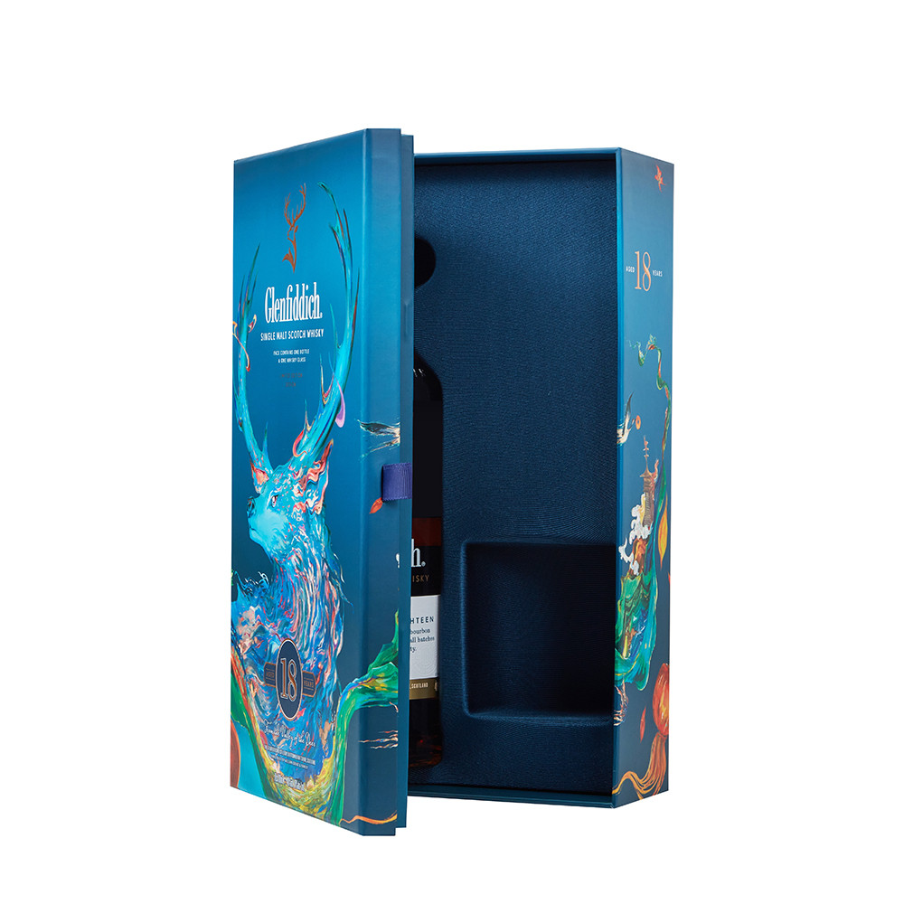 Rigid whisky packaging box with magnetic closure